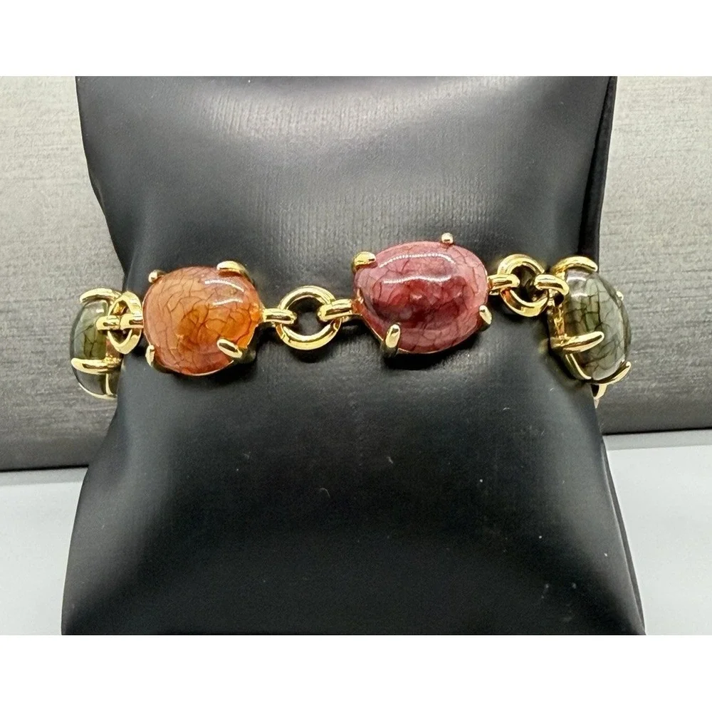 Liz Claiborne Acrylic Bracelet Gold Tone Link Multicolor Cabochon Chunky Vintage - Picture 12 of 13